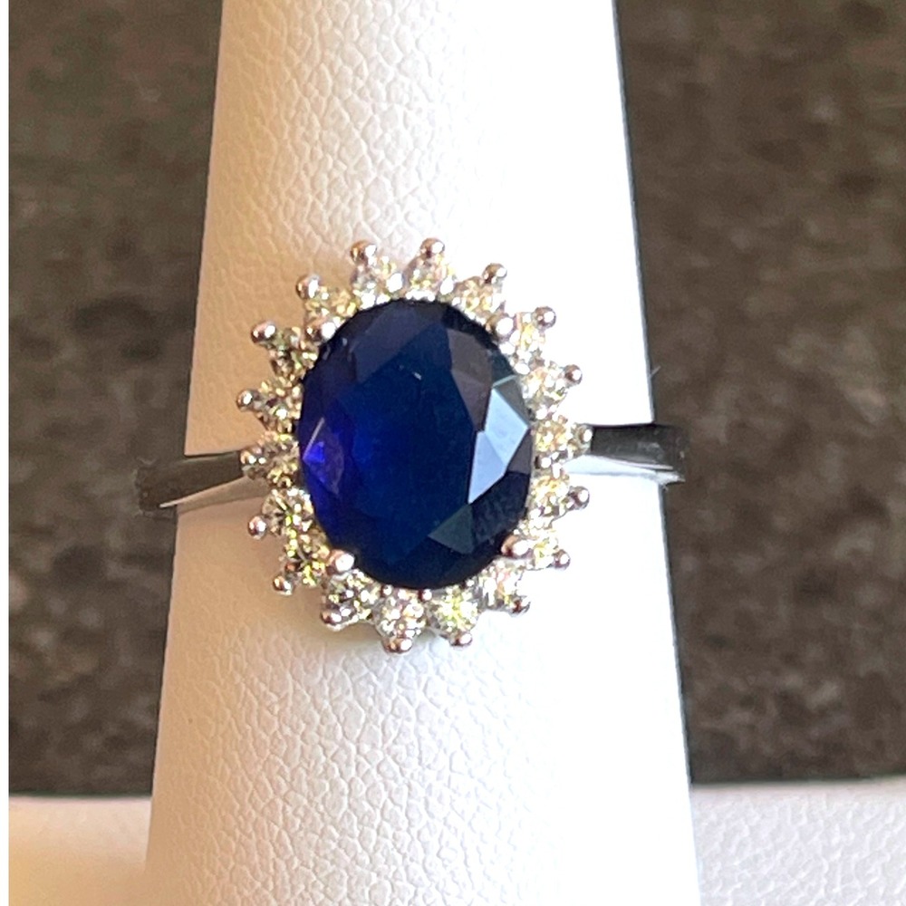Sterling Silver 925 Sapphire Blue Halo Ring w/ CZ‎ Accents -Princess Diana Inspo